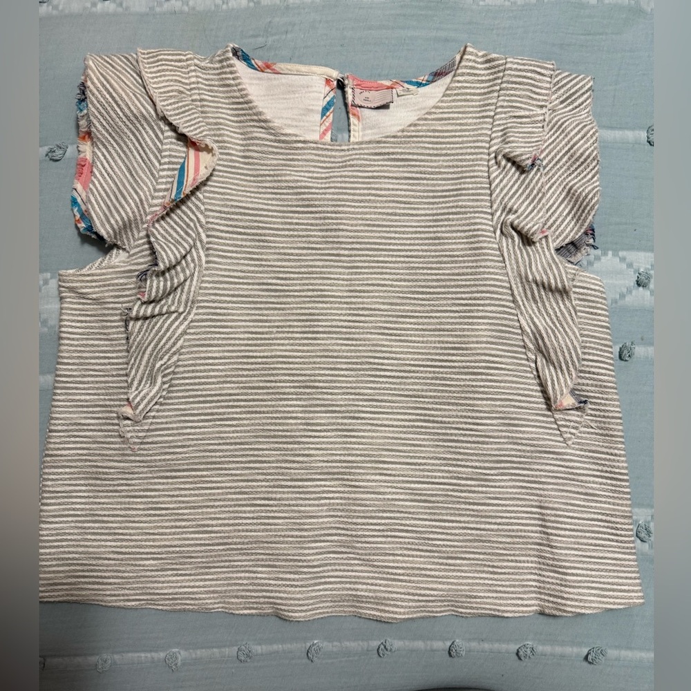 Anthropologie 9-H15 STCL Striped Ruffleworks Tee - Gray and Pink